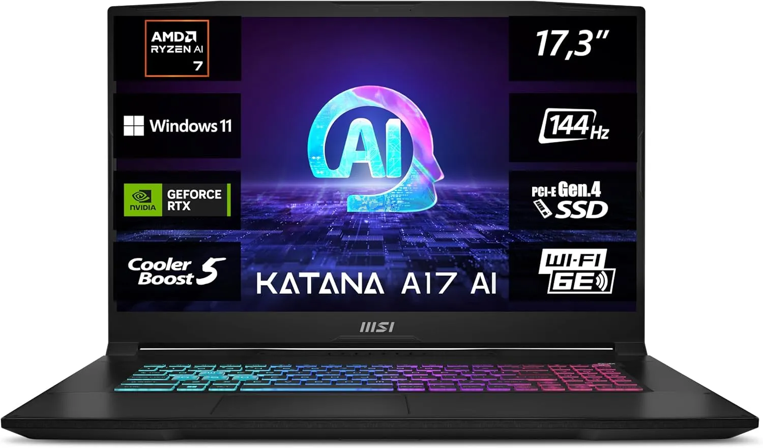 MSI Katana A17 AI, Gaming Laptop, 43,9 cm (17,3) FHD, AMD Ryzen 7 8845HS Prozessor, 16 GB DDR5 RAM, 1 TB SSD, NVIDIA GeForce RTX 4060, Windows 11 Home